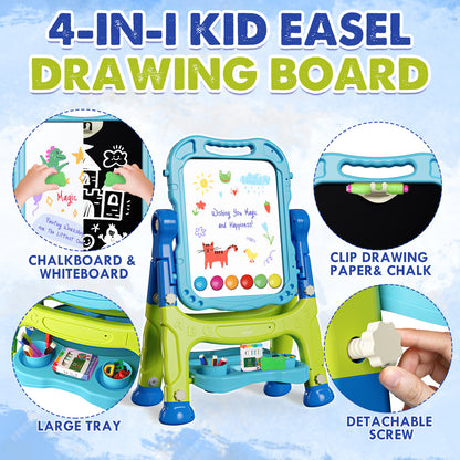 Easel for Kids, 4 in 1 Double Side Magnetic Chalk Board with Painting Accessories, Adjustable Standing Art Easel for Toddler, Kids Art Easel for Boys Girls Birthday Gift - Blue