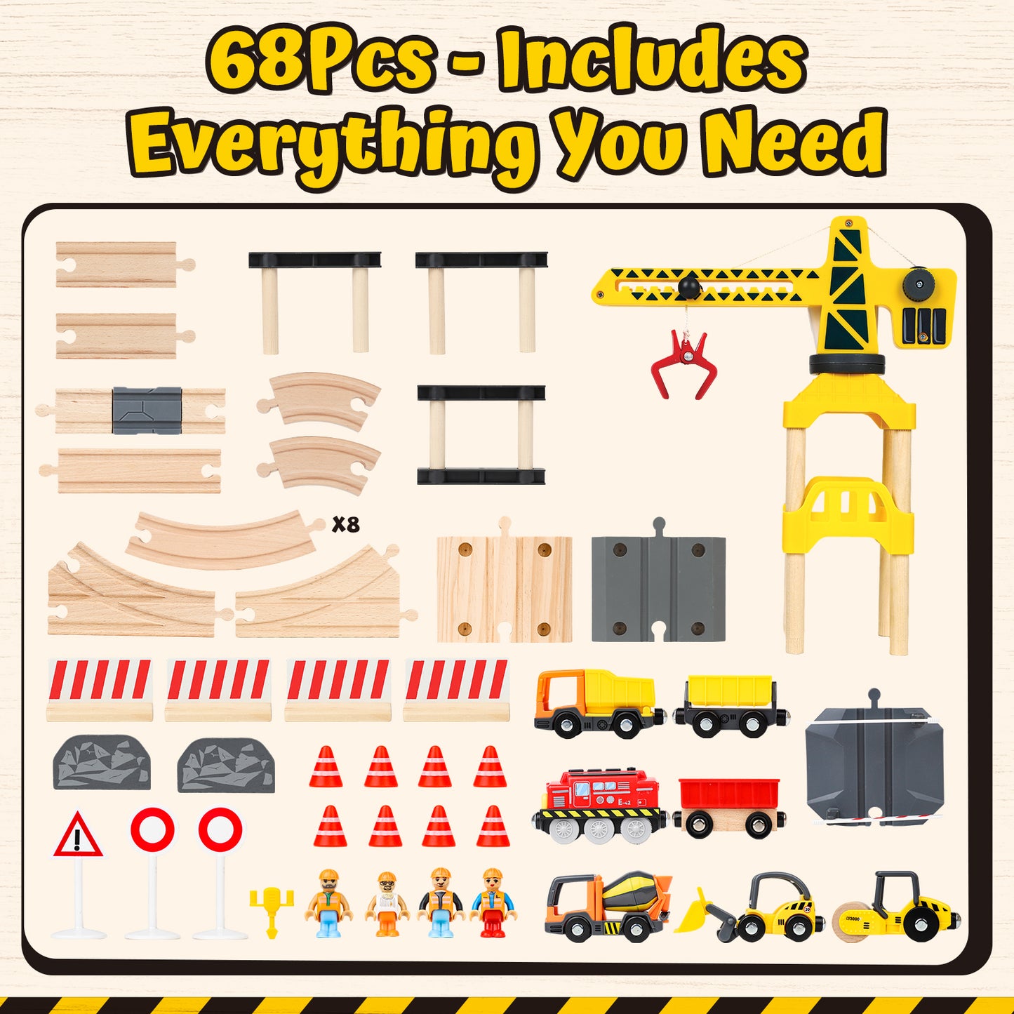 Train Set, 68 Pcs Wooden Train Set for Kids, Train Toy for Boy 2 3 4 5 Year, Train Track Set with Crane & Accessories, Toy for 2 Year Old Kids Birthday Gift, Compatible with Other Brands