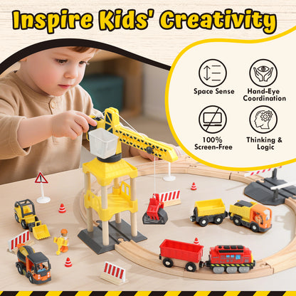Train Set, 68 Pcs Wooden Train Set for Kids, Train Toy for Boy 2 3 4 5 Year, Train Track Set with Crane & Accessories, Toy for 2 Year Old Kids Birthday Gift, Compatible with Other Brands