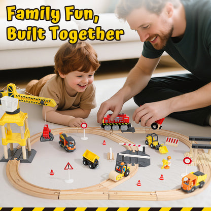 Train Set, 68 Pcs Wooden Train Set for Kids, Train Toy for Boy 2 3 4 5 Year, Train Track Set with Crane & Accessories, Toy for 2 Year Old Kids Birthday Gift, Compatible with Other Brands