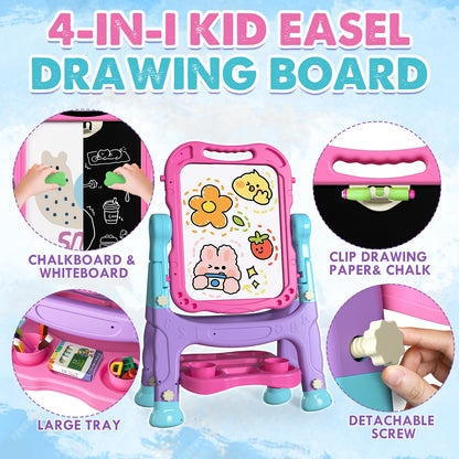 Easel for Kids, 4 in 1 Double Side Magnetic Chalk Board with Painting Accessories, Adjustable Standing Art Easel for Toddler, Kids Art Easel for Boys Girls Birthday Gift - Blue Purple