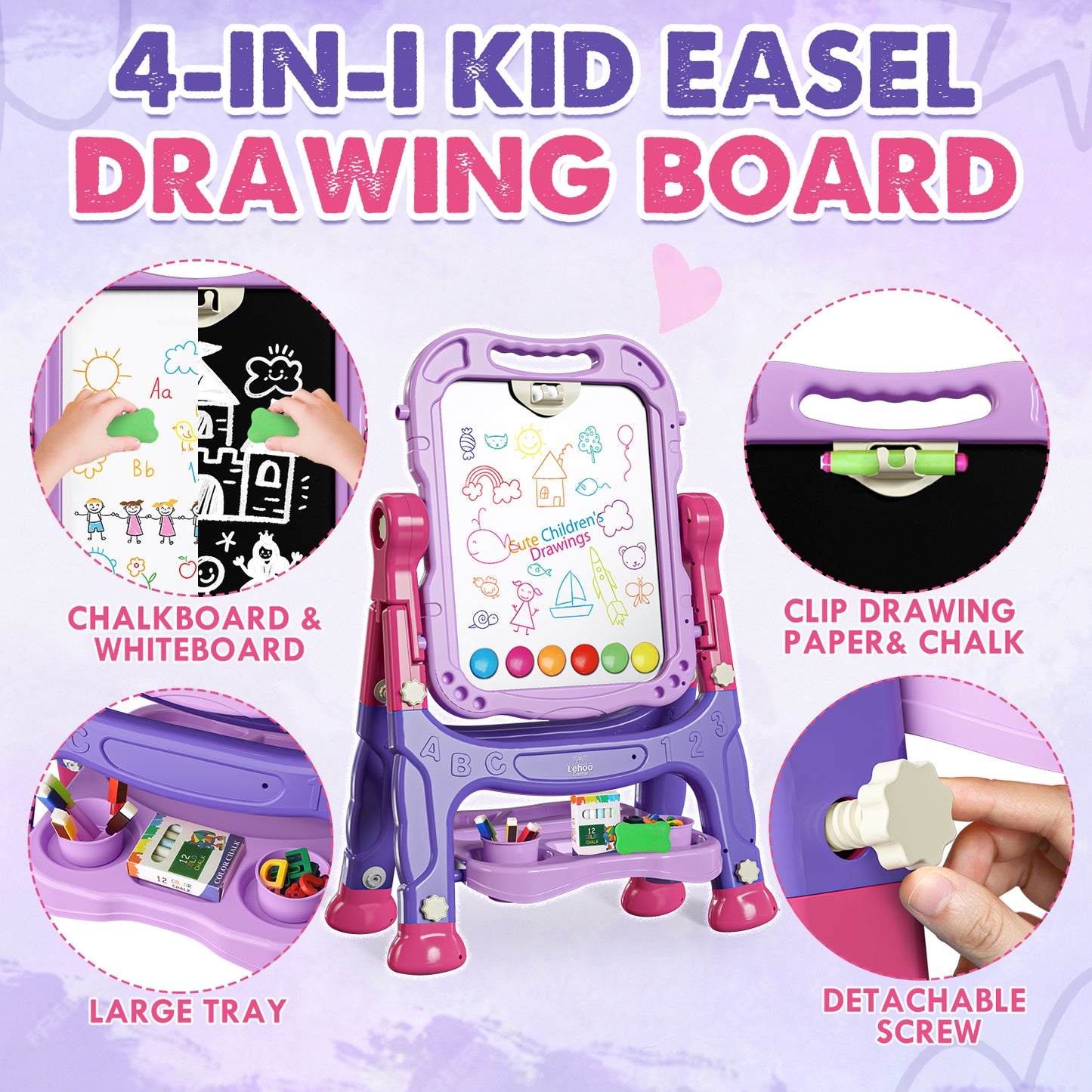 Easel for Kids, 4 in 1 Double Side Magnetic Chalk Board with Painting Accessories, Adjustable Standing Art Easel for Toddler, Kids Art Easel for Boys Girls Birthday Gift - Purple