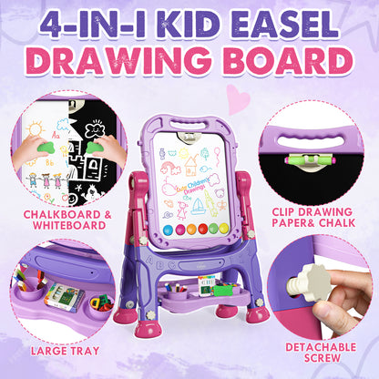 Easel for Kids, 4 in 1 Double Side Magnetic Chalk Board with Painting Accessories, Adjustable Standing Art Easel for Toddler, Kids Art Easel for Boys Girls Birthday Gift - Purple