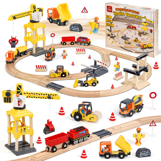 LC Train Set, 68 PCS Wooden Train Set for Kids, Train Toys for Toddlers, Construction Toys Train with Train Tracks for Kids 2 3 4 5+ Years Old, Great Gift for Boys Girls - Compatible with Other Brands