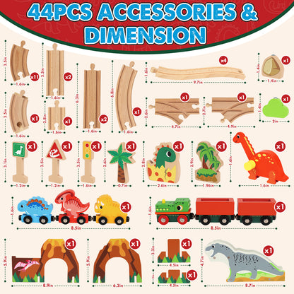 Train Set, Wooden Train Set for Kids, Train Set for Kids Ages 4-8, Train Track Toy Set with 3 Dinosaur Trains, Toys for 2 Year Old Boys, Compatible with Other Brands