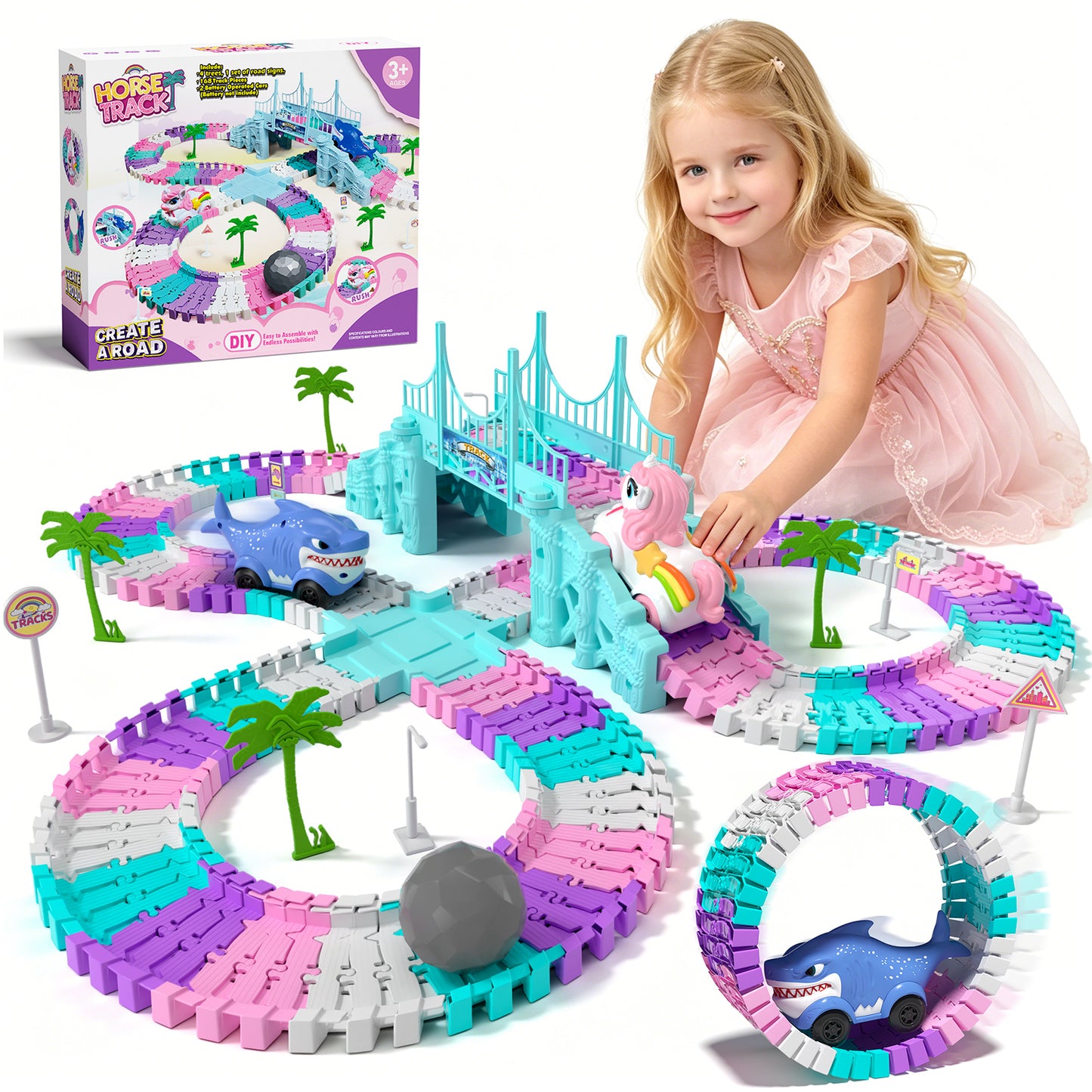 Race Car Track Set, Unicorn Toy Trucks for Boys 3 6 Years, 212 PCS Flexible Race Tracks Toy with 2 Electric Race Cars, Toddler Toys Birthday Gifts for Age 3 4 5 6 Year Old Boys Girls