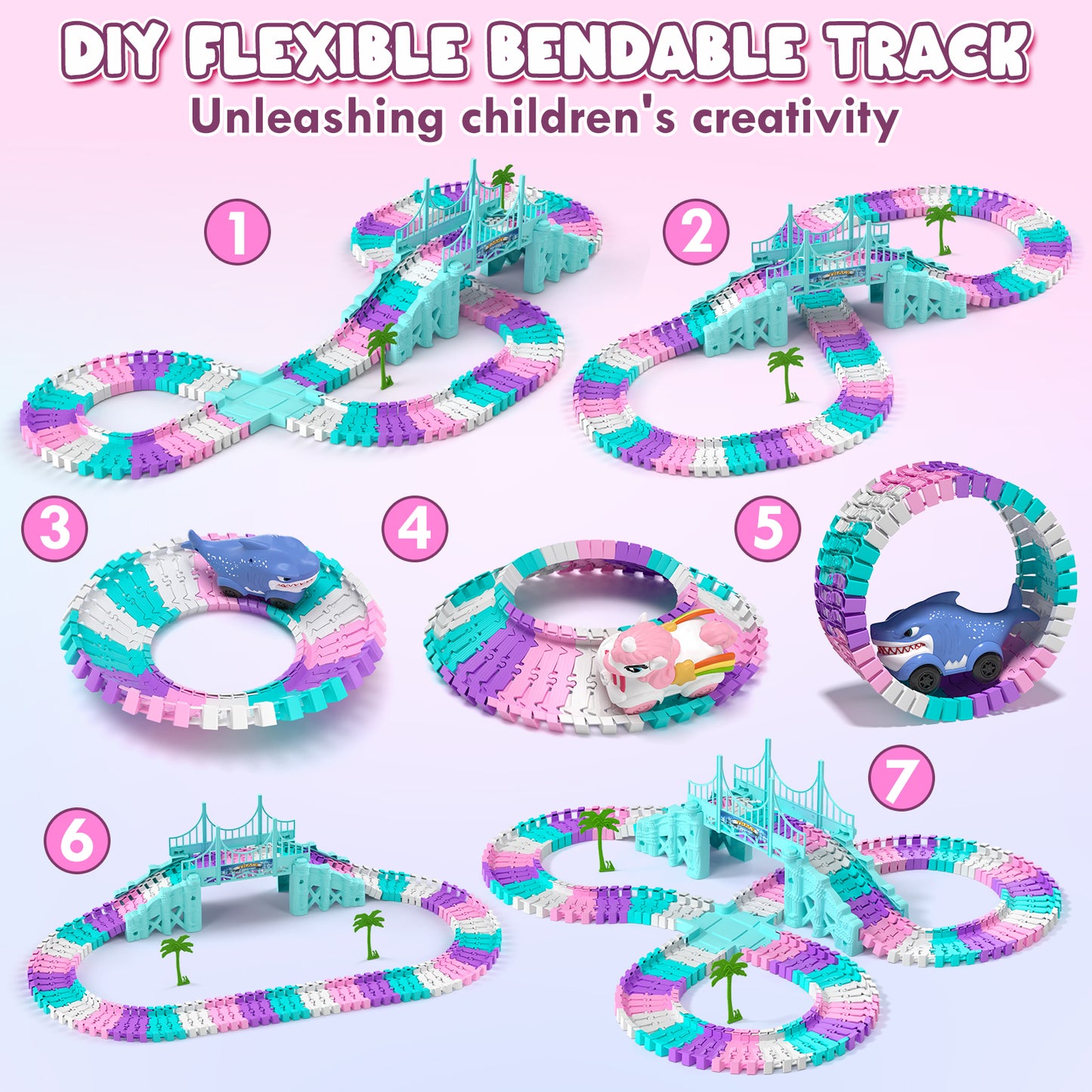 Race Car Track Set, Unicorn Toy Trucks for Boys 3 6 Years, 212 PCS Flexible Race Tracks Toy with 2 Electric Race Cars, Toddler Toys Birthday Gifts for Age 3 4 5 6 Year Old Boys Girls