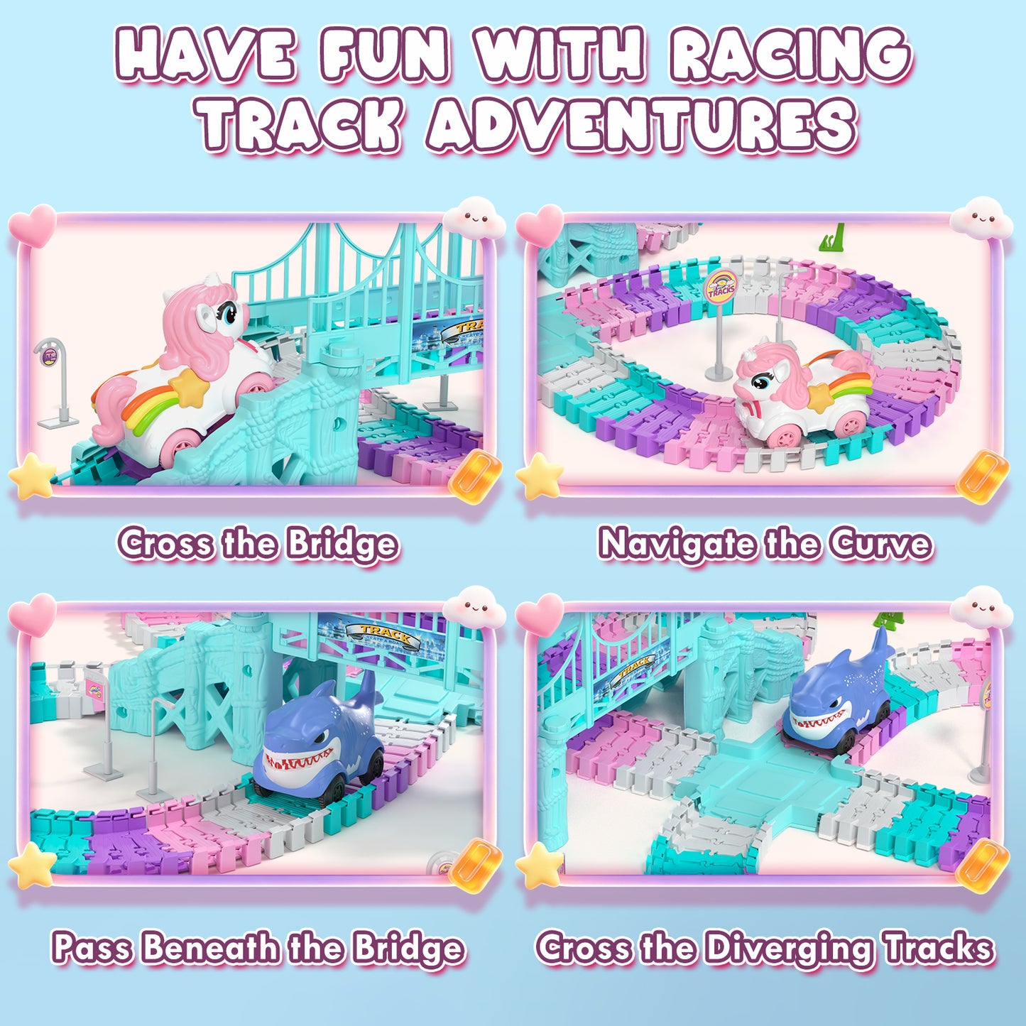 Race Car Track Set, Unicorn Toy Trucks for Boys 3 6 Years, 212 PCS Flexible Race Tracks Toy with 2 Electric Race Cars, Toddler Toys Birthday Gifts for Age 3 4 5 6 Year Old Boys Girls
