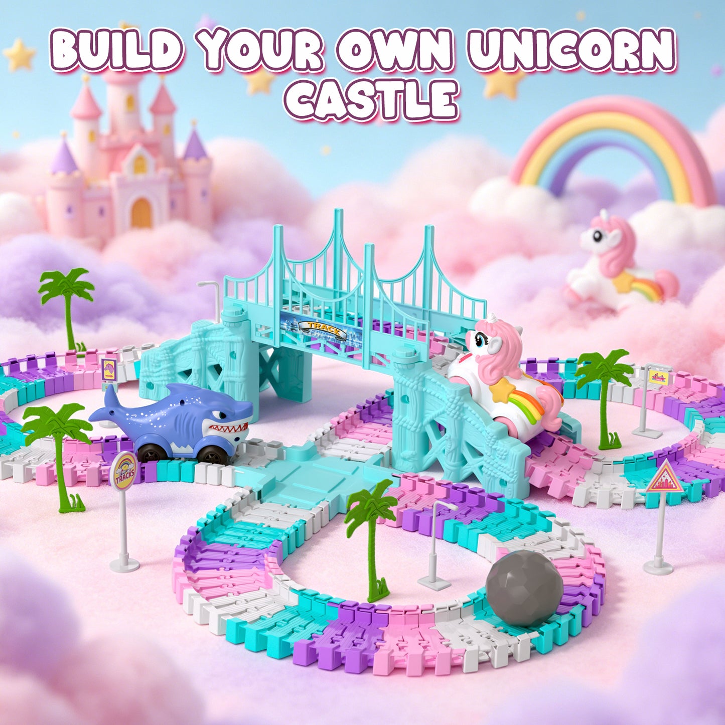 Race Car Track Set, Unicorn Toy Trucks for Boys 3 6 Years, 212 PCS Flexible Race Tracks Toy with 2 Electric Race Cars, Toddler Toys Birthday Gifts for Age 3 4 5 6 Year Old Boys Girls