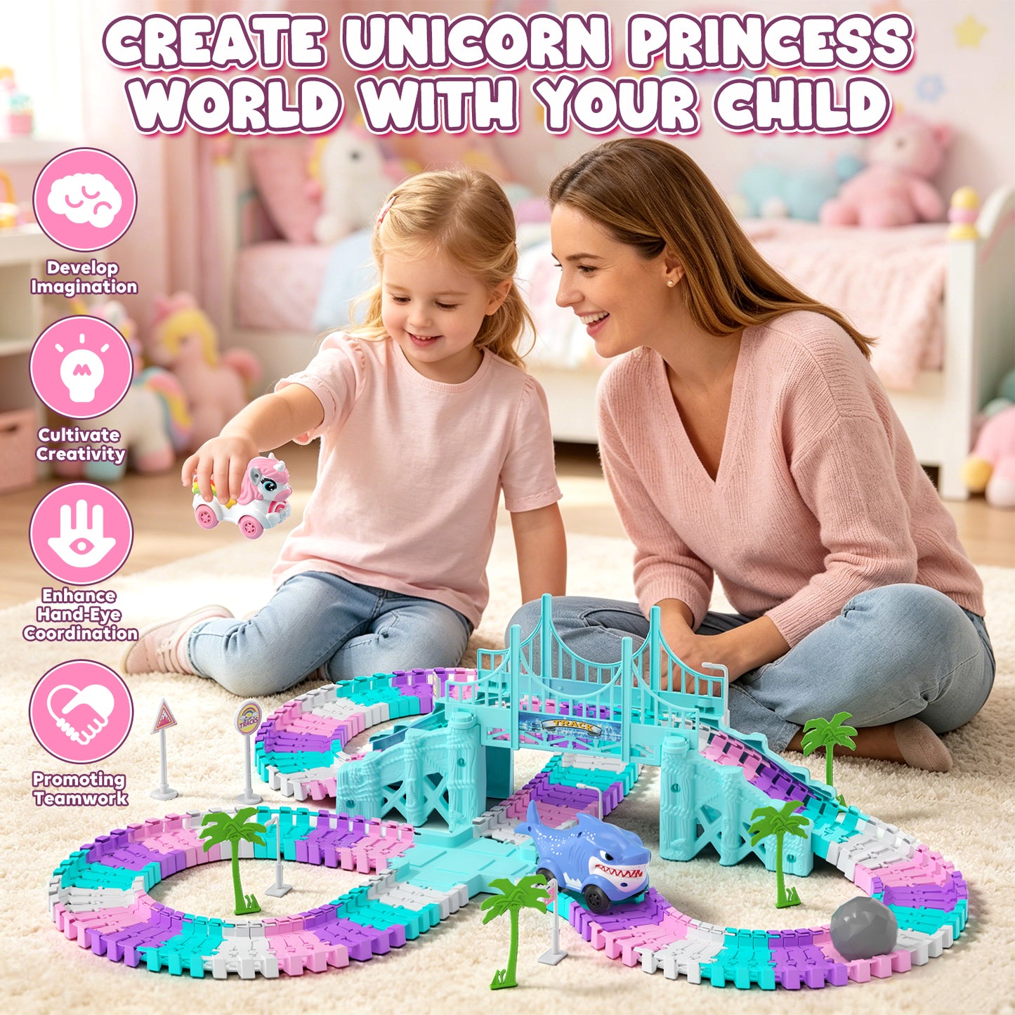 Race Car Track Set, Unicorn Toy Trucks for Boys 3 6 Years, 212 PCS Flexible Race Tracks Toy with 2 Electric Race Cars, Toddler Toys Birthday Gifts for Age 3 4 5 6 Year Old Boys Girls