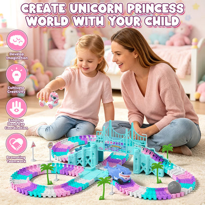 Race Car Track Set, Unicorn Toy Trucks for Boys 3 6 Years, 212 PCS Flexible Race Tracks Toy with 2 Electric Race Cars, Toddler Toys Birthday Gifts for Age 3 4 5 6 Year Old Boys Girls