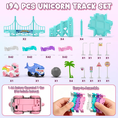 Race Car Track Set, Unicorn Toy Trucks for Boys 3 6 Years, 212 PCS Flexible Race Tracks Toy with 2 Electric Race Cars, Toddler Toys Birthday Gifts for Age 3 4 5 6 Year Old Boys Girls