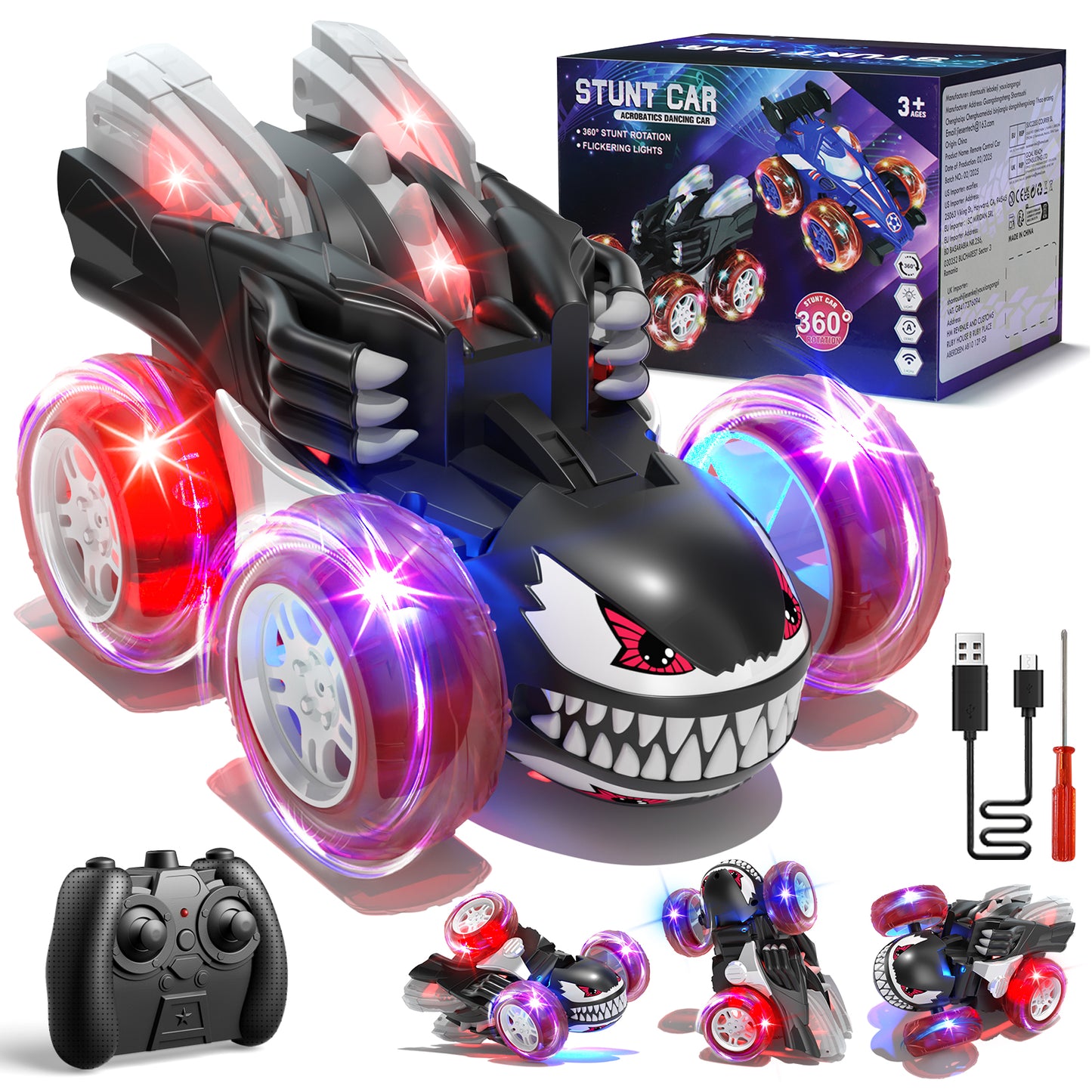 Remote Control Car Toys for 3 4 5 6 7 8 9 10 Year Old Boys Girls, Rechargeable RC Stunt Car with 360 flips, 2.4Ghz RC Car with Cool Light for 3-6 7-10 Kids Birthday Gift