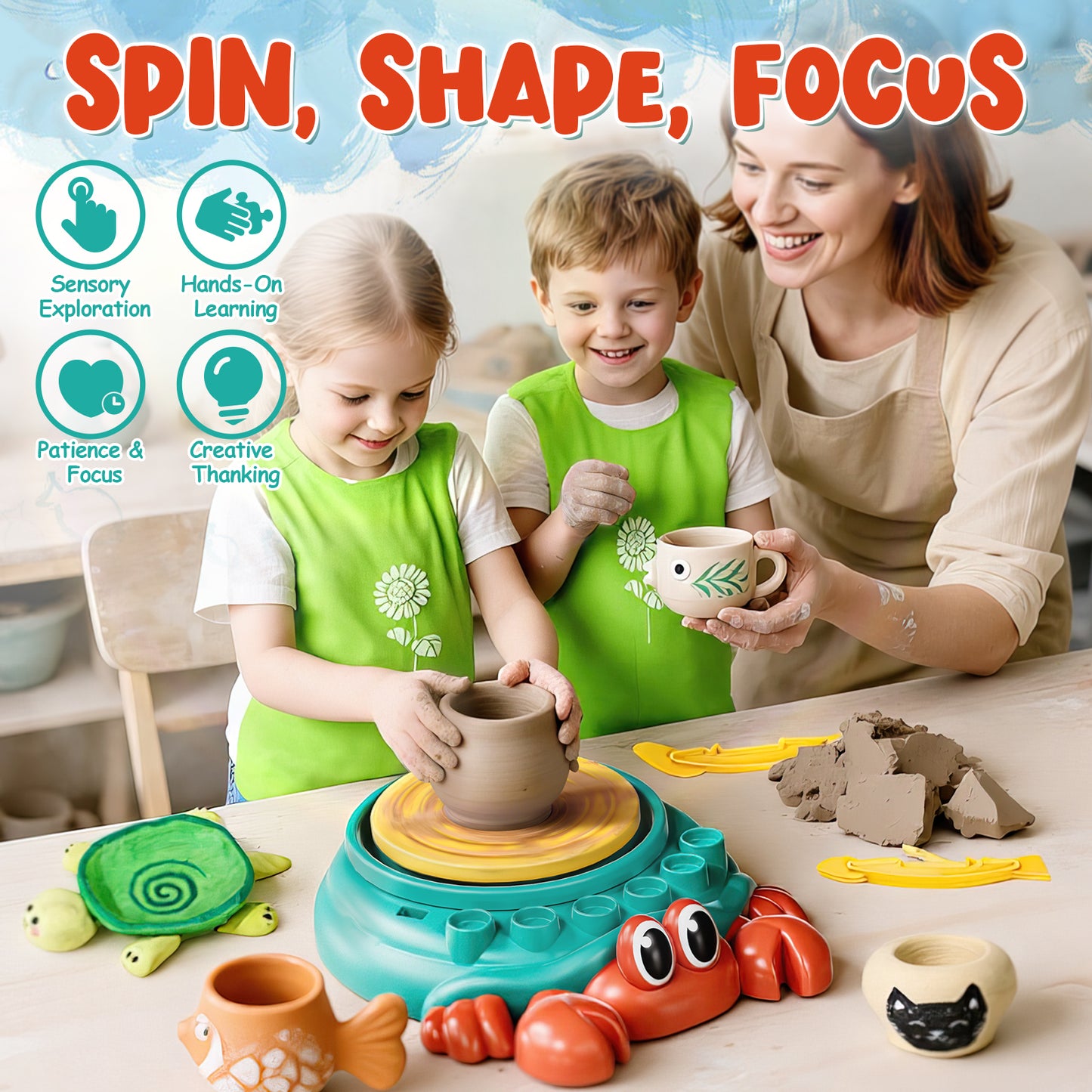 Pottery Wheel for Kids, Kids Pottery Wheel Kit for Girls Boys, Art and Crafts for Kids Ages 8-12, Clay Making Pottery Wheel with Foot Pedal & Sculpting Tools