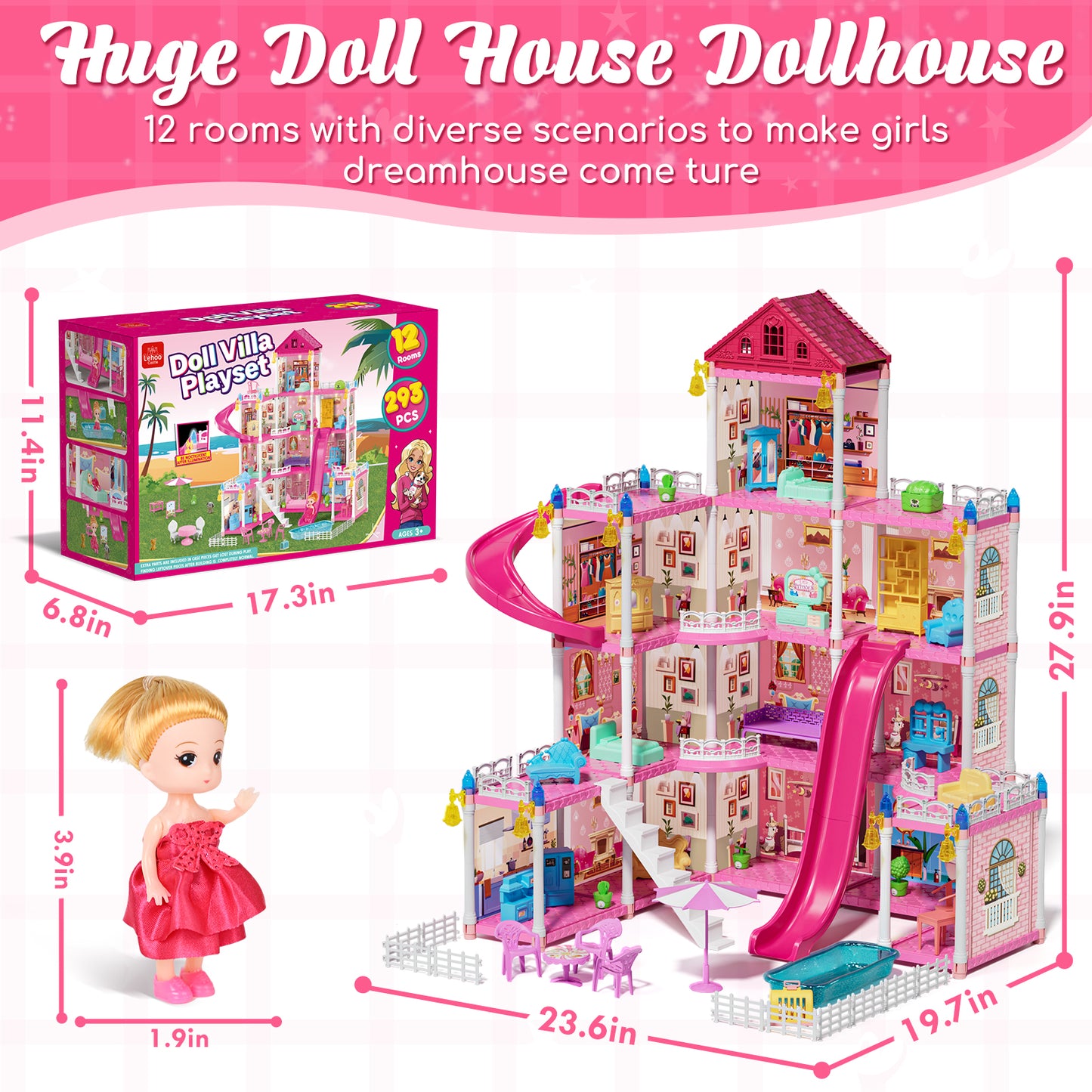 Doll House - Toys for 3 Year Old Girl Dream Dollhouse 12 Rooms Playhouse with LED Lights Furniture and Accessories, Pretend Play kit Doll House for Princess Age 3 4 5 6 7
