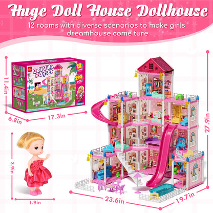 Doll House - Toys for 3 Year Old Girl Dream Dollhouse 12 Rooms Playhouse with LED Lights Furniture and Accessories, Pretend Play kit Doll House for Princess Age 3 4 5 6 7