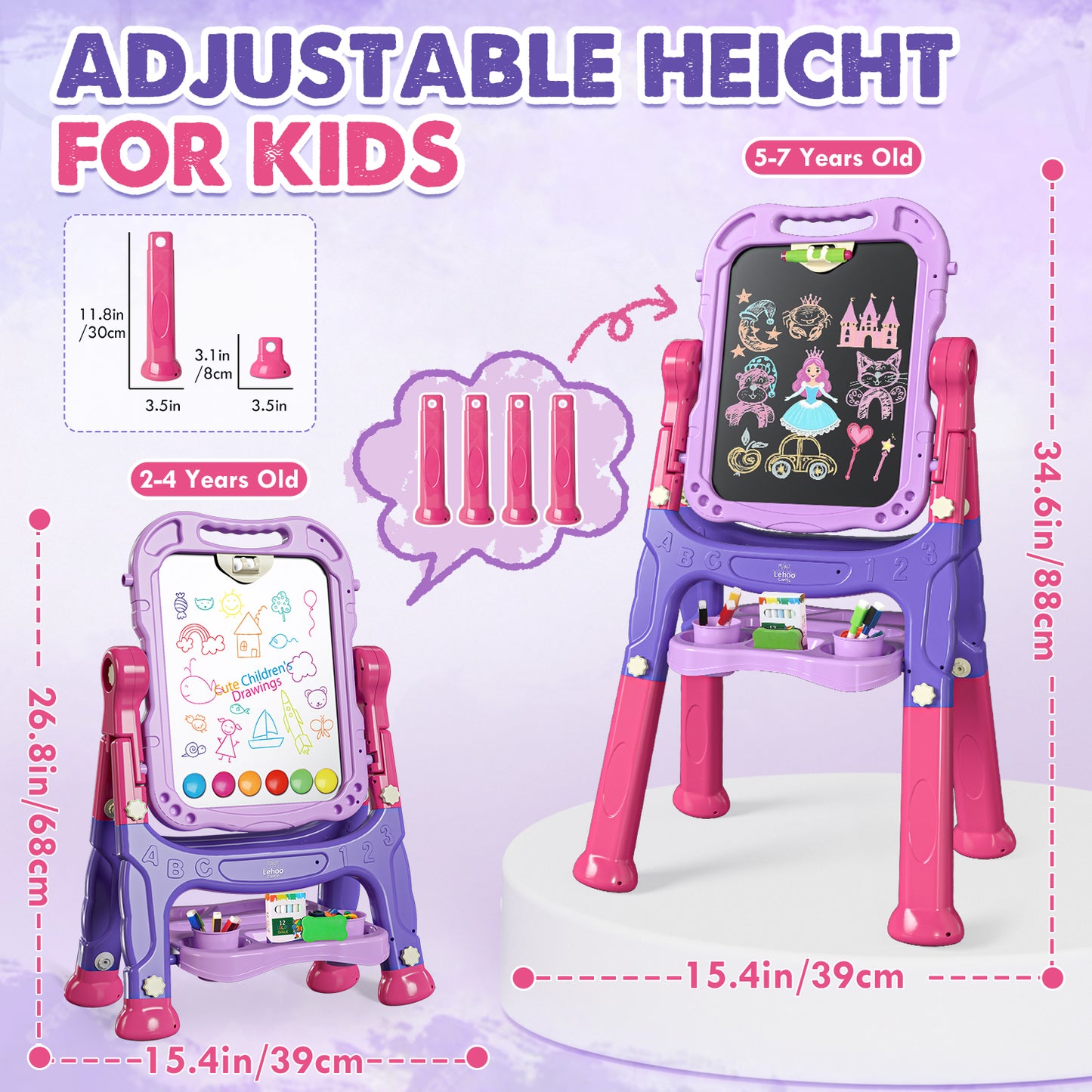 Easel for Kids, 4 in 1 Double Side Magnetic Chalk Board with Painting Accessories, Adjustable Standing Art Easel for Toddler, Kids Art Easel for Boys Girls Birthday Gift - Purple