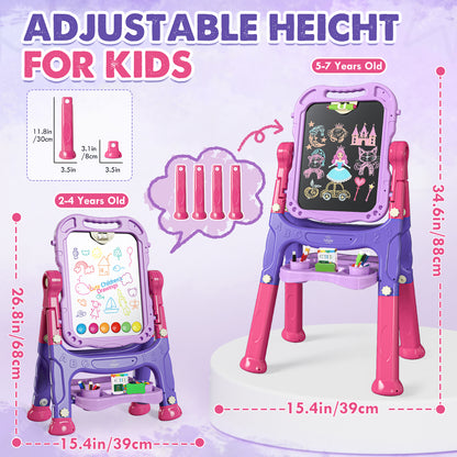 Easel for Kids, 4 in 1 Double Side Magnetic Chalk Board with Painting Accessories, Adjustable Standing Art Easel for Toddler, Kids Art Easel for Boys Girls Birthday Gift - Purple