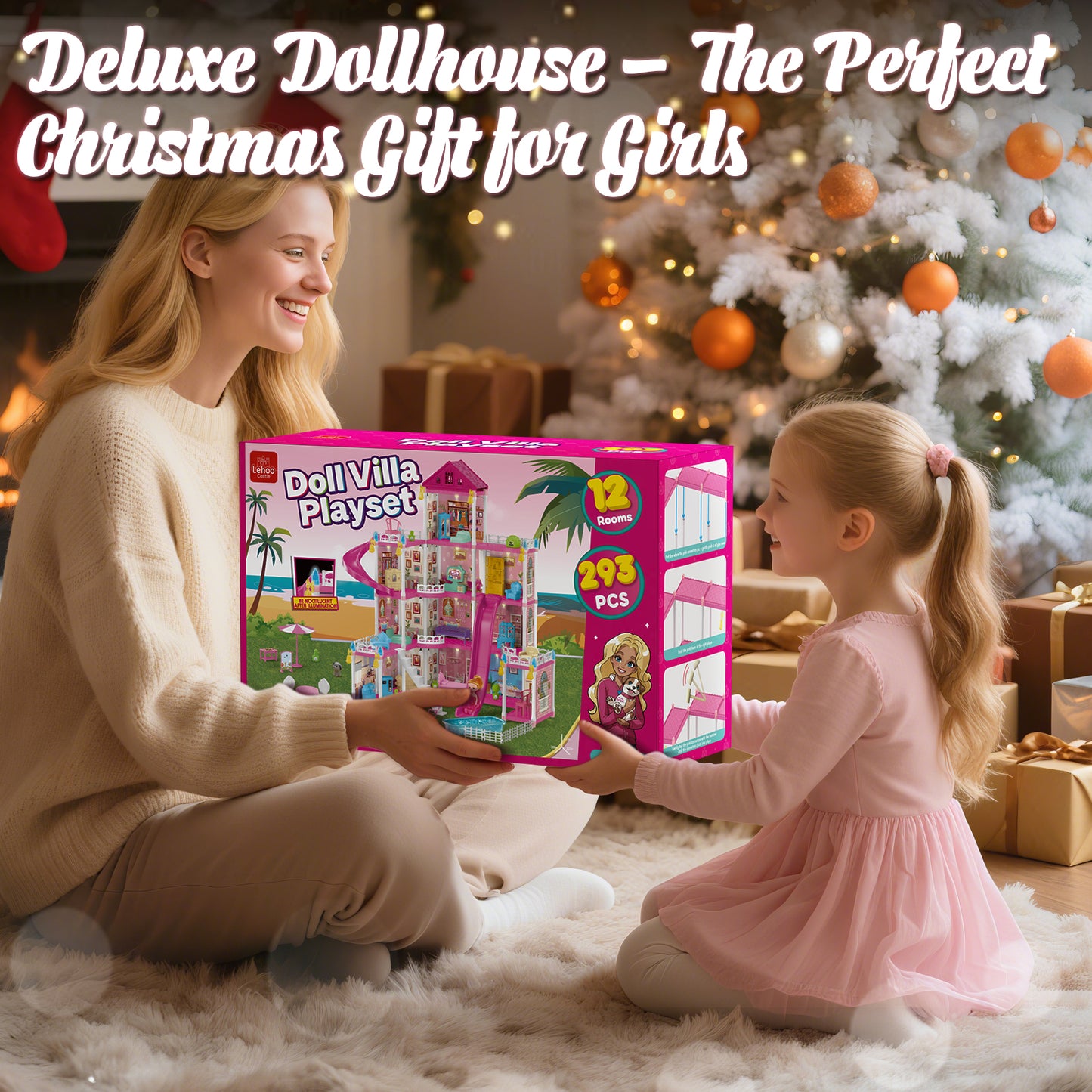 Doll House - Toys for 3 Year Old Girl Dream Dollhouse 12 Rooms Playhouse with LED Lights Furniture and Accessories, Pretend Play kit Doll House for Princess Age 3 4 5 6 7