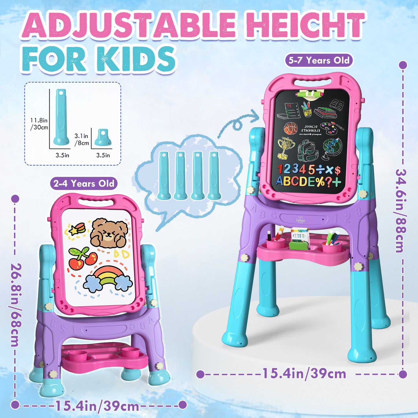Easel for Kids, 4 in 1 Double Side Magnetic Chalk Board with Painting Accessories, Adjustable Standing Art Easel for Toddler, Kids Art Easel for Boys Girls Birthday Gift - Blue Purple