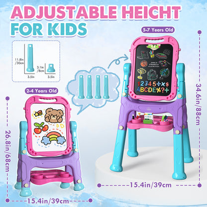 Easel for Kids, 4 in 1 Double Side Magnetic Chalk Board with Painting Accessories, Adjustable Standing Art Easel for Toddler, Kids Art Easel for Boys Girls Birthday Gift - Blue Purple